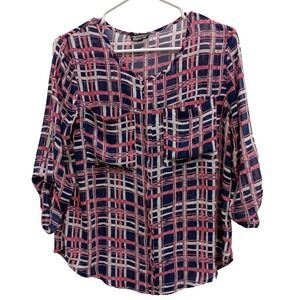 Papermoon Stitch Fix Top Womens Petite Medium Navy Pink Plaid 3/4 Sleeve Office